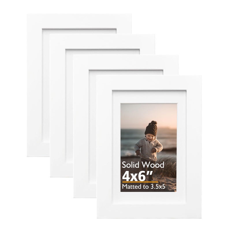 KINLINK 4x6 Frame White, Solid Wood 4 x 6 Picture Frame with Acrylic Plexiglass for 3.5x5 with Mat, Tabletop and Wall Display Photo Frames 4x6 White, 4 Pack - Image 1